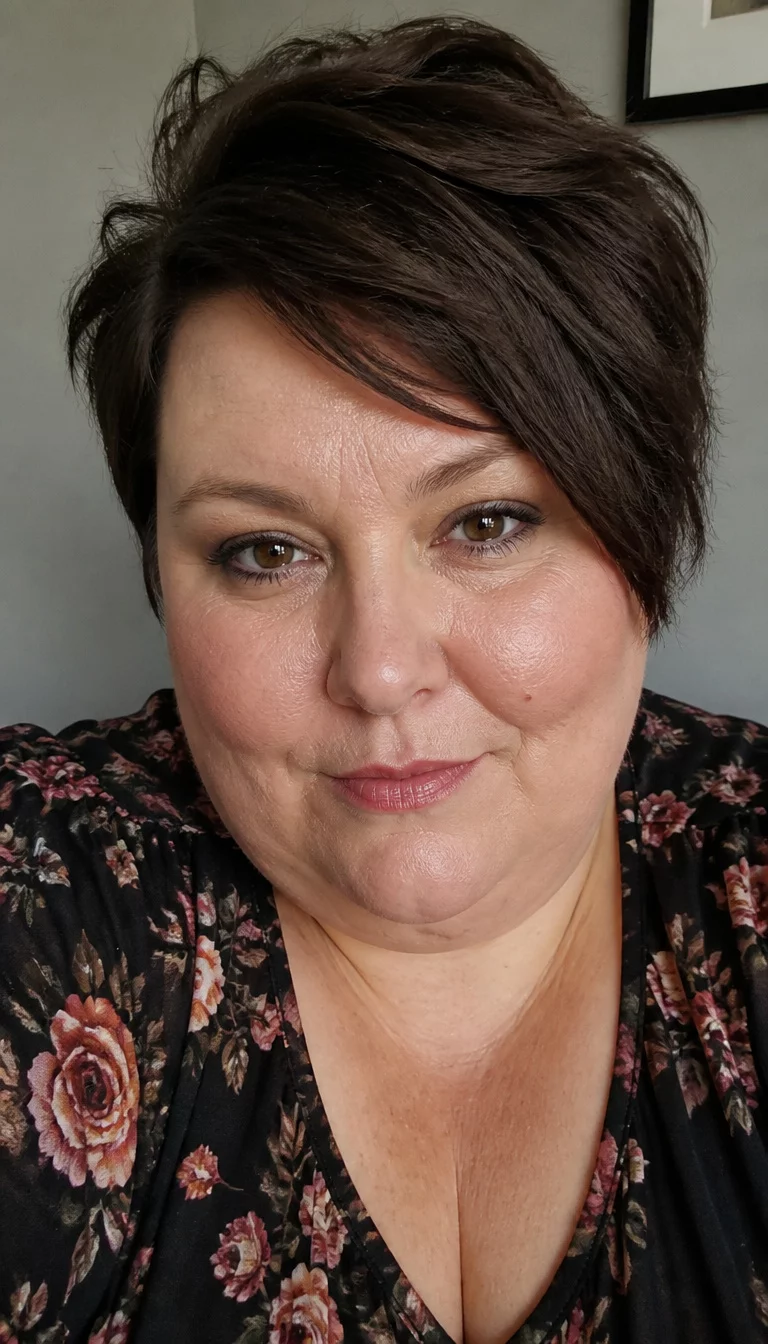 Voluminous Asymmetrical Swept Pixie selfie of a 44-year-old plus size fair complexion woman with a chubby face and an elegant nose. The skin is heavily textured with a complex pattern of fine lines and a small mole on the cheek. The eyes are brown. She is wearing a dark floral print top with a textured, voluminous dark brown pixie cut with an asymmetrical side sweep hairstyle, front view looking slightly upward.