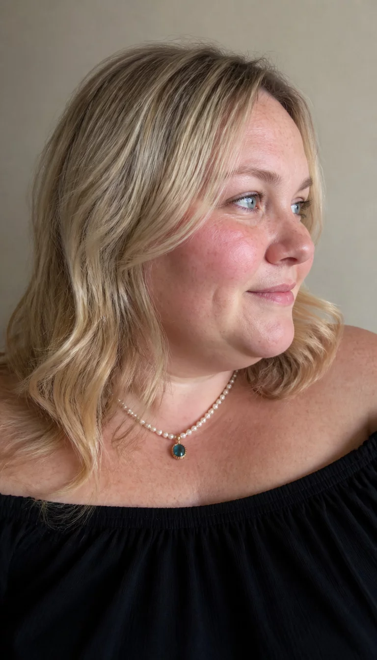 Shoulder-Grazing Light Blonde Waves casual photo of a 31-year-old plus size fair complexion woman with a chubby face and a delicate nose. The skin is heavily textured with a complex pattern of pale freckles and a small dimple. The eyes are light blue. She is wearing a black off-the-shoulder top and a pearl necklace with a teal pendant with a light blonde, loose shoulder-length waves hairstyle, side profile, plain background.