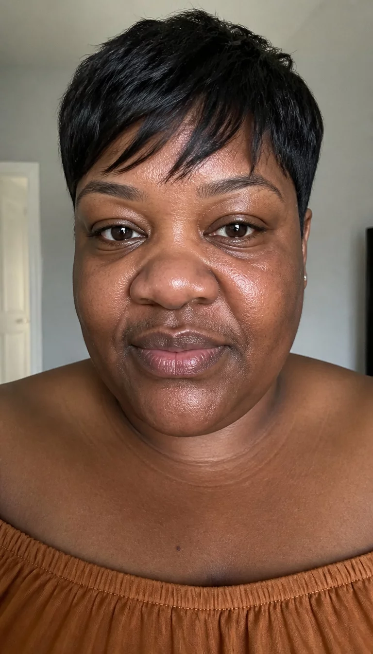 Textured Pixie with Frontal Bangs selfie of a 45-year-old plus size deep brown complexion woman with a chubby face and a broad nose. The skin is heavily textured with a complex pattern of smooth areas and naturally darker patches around the mouth. The eyes are dark brown. She is wearing a caramel-colored off-the-shoulder top with a very short, black pixie cut with textured bangs hairstyle, front view, close-up shot.