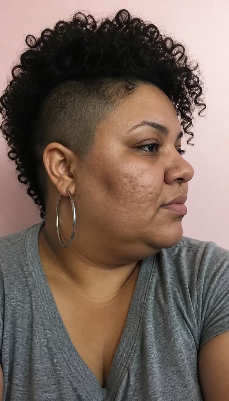 The Curly Mohawk with Shaved Sides casual photo of a 32-year-old plus size medium-dark complexion woman with a chubby face and a prominent nose. The skin is heavily textured with a complex pattern of acne scars and a smooth forehead. The eyes are dark chocolate brown. She is wearing a grey t-shirt and large silver hoop earrings with a voluminous, dark curly hair mohawk with shaved sides hairstyle, side profile, light pinkish background.