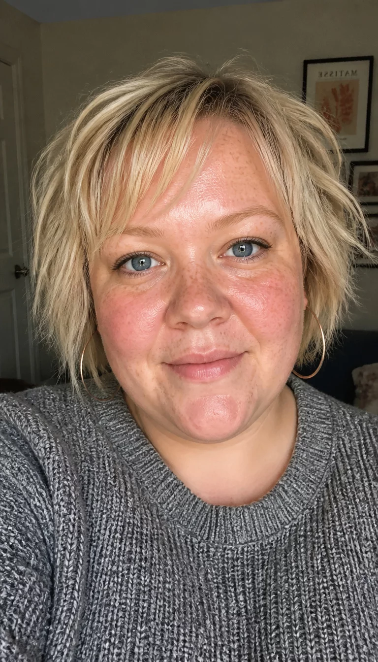 Textured Blonde Layers with Hoops selfie of a 33-year-old plus size fair complexion woman with a chubby face and a slightly flared nose. The skin is heavily textured with a complex pattern of freckles and a bright, clear forehead. The eyes are blue. She is wearing a grey textured sweater and large hoop earrings with a short, choppy blonde hair with layers and bangs hairstyle, front view.