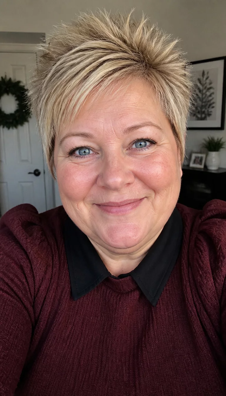 Spiky Blonde Layers with Dimples selfie of a 43-year-old plus size fair complexion woman with a chubby face and a soft, rounded nose. The skin is heavily textured with a complex pattern of smile lines and a few light freckles. The eyes are bright blue. She is wearing a dark maroon sweater with a puffed sleeve and contrasting collar with short, spiky blonde hair with layers hairstyle, front view.
