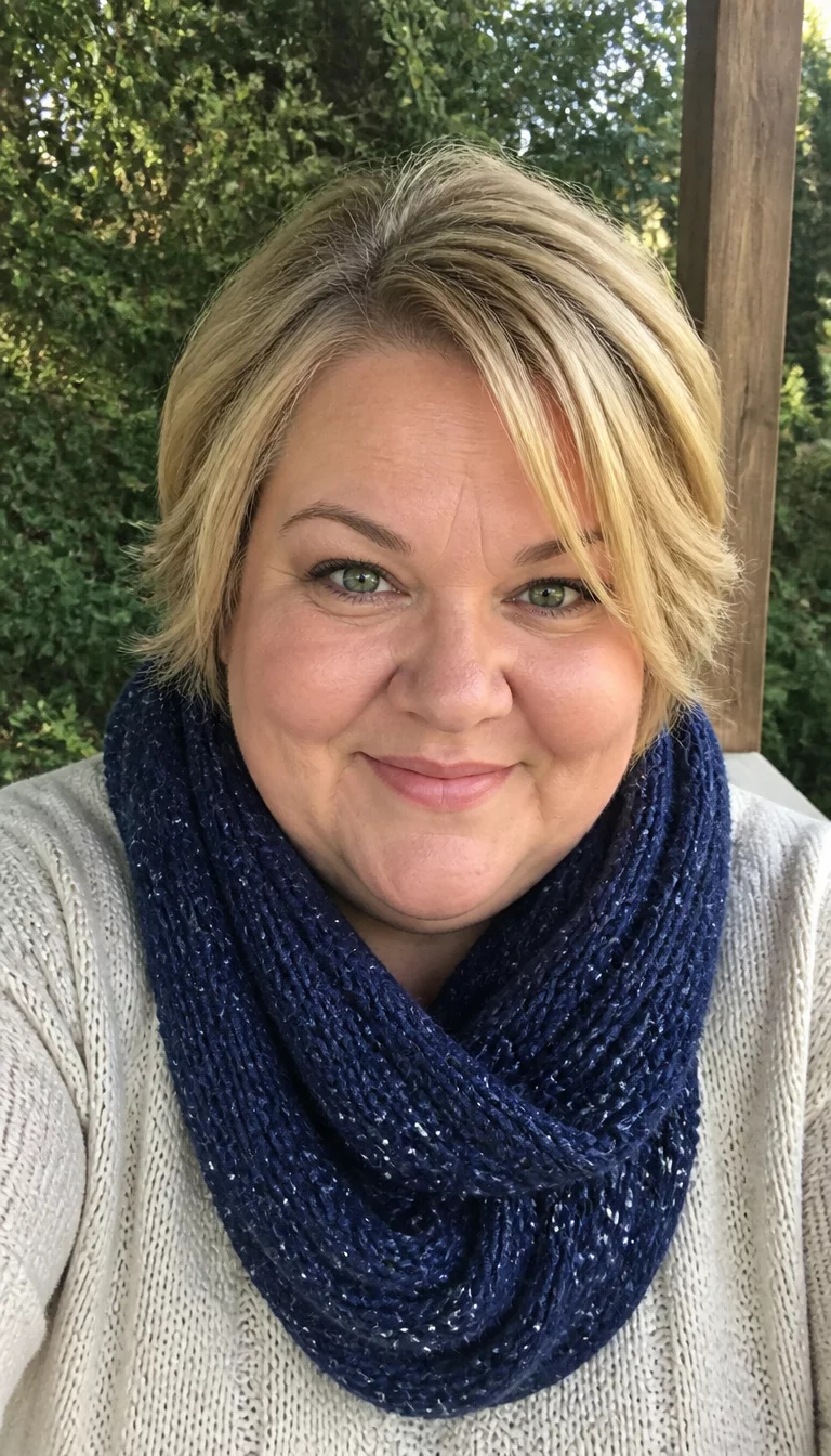Voluminous Blonde Side Fringe selfie of a 47-year-old plus size fair complexion woman with a chubby face and a wide, bridge nose. The skin is heavily textured with a complex pattern of smile lines and a faint scar on the forehead. The eyes are bright green. She is wearing a cream-colored sweater and a chunky dark blue infinity scarf with a short blonde hair with volume and a side fringe hairstyle, front view, outdoor setting with greenery and a wooden post.