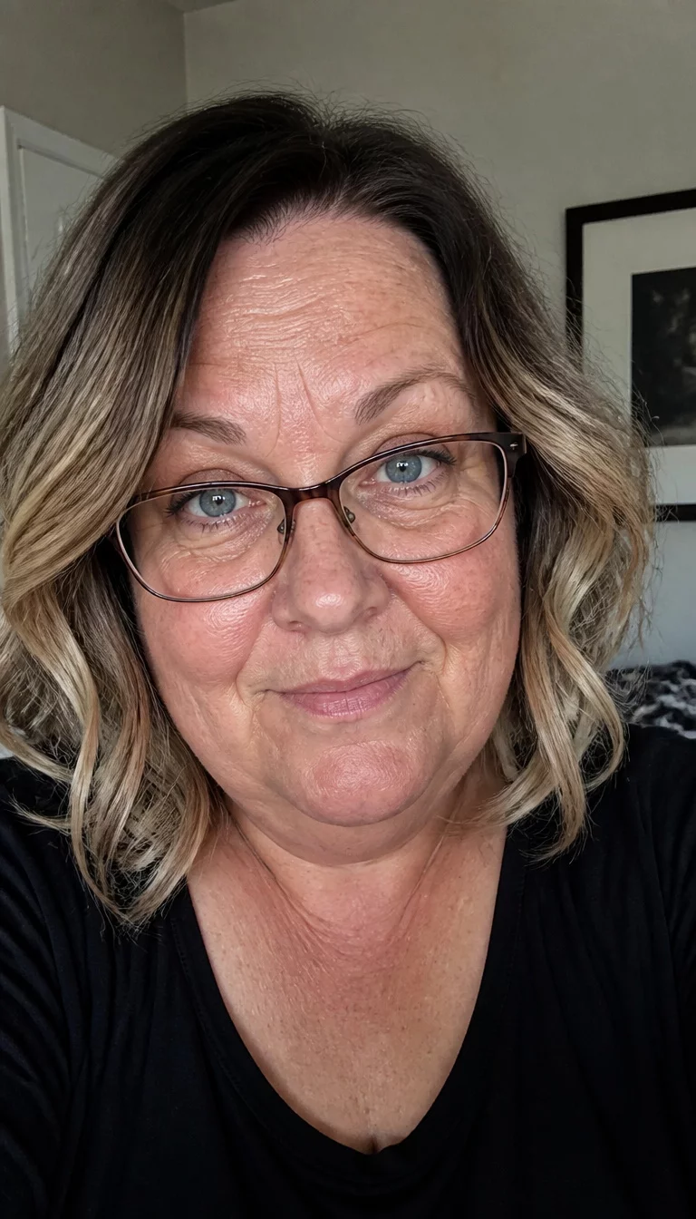 Wavy Balayage Bob with Glasses selfie of a 48-year-old plus size fair complexion woman with a chubby face and a delicate nose. The skin is heavily textured with a complex pattern of deep wrinkles on the forehead and a few age spots. The eyes are blue. She is wearing glasses and a dark top with a shoulder-length wavy bob with dark roots and blonde balayage hairstyle, front view, indoor setting.