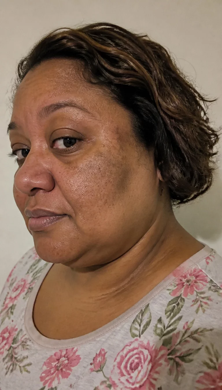 Rich Brown Floral Side Sweep casual photo of a 38-year-old plus size medium-dark complexion woman with a chubby face and a flared nose. The skin is heavily textured with a complex pattern of hyperpigmentation spots and a small mole near the ear. The eyes are deep brown. She is wearing a light floral t-shirt with a short, wavy dark brown hair with lighter highlights hairstyle, side angle, solid background.