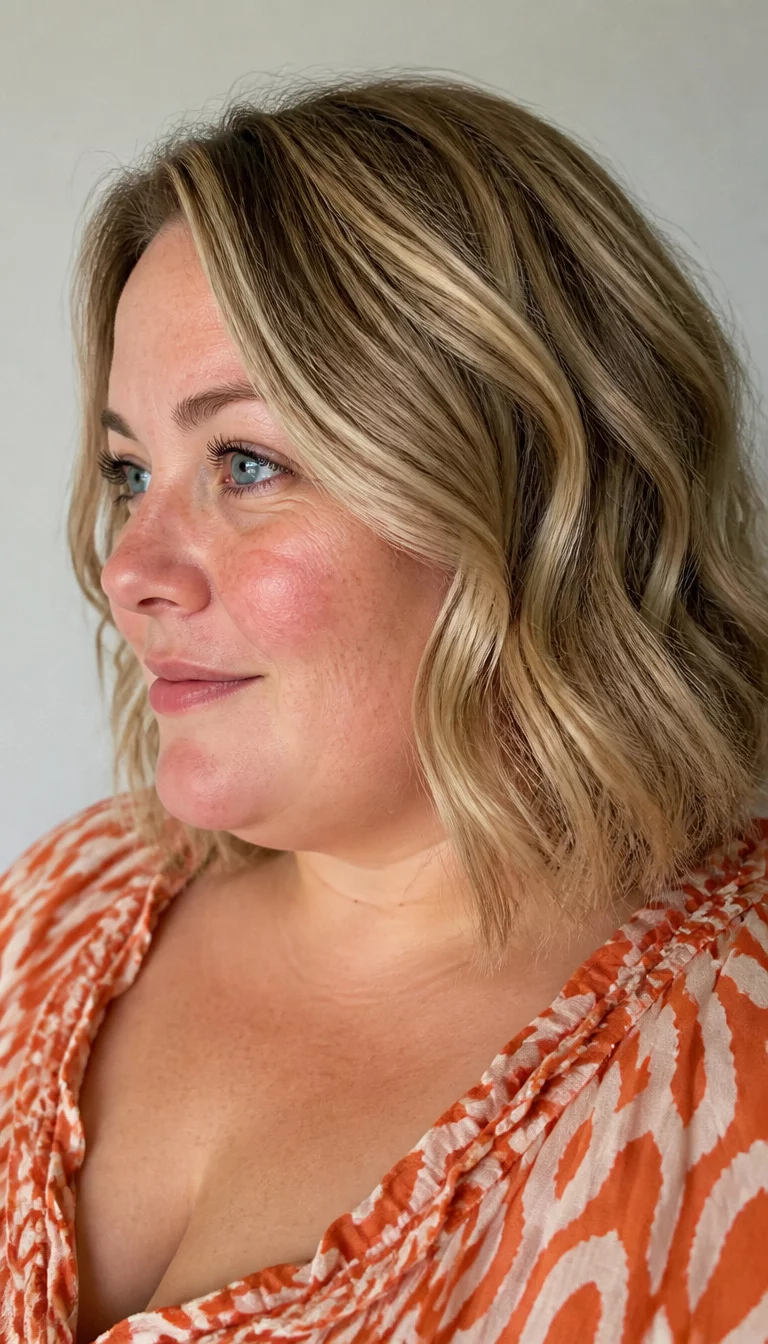 Sun-Kissed Wavy Bob casual photo of a 29-year-old plus size fair complexion woman with a chubby face and a straight, narrow nose. The skin is heavily textured with a complex pattern of fine lines around the eyes and a dusting of freckles. The eyes are sparkling blue. She is wearing a patterned orange and white top with a wavy, blonde highlighted bob hairstyle, side profile view, plain light background.