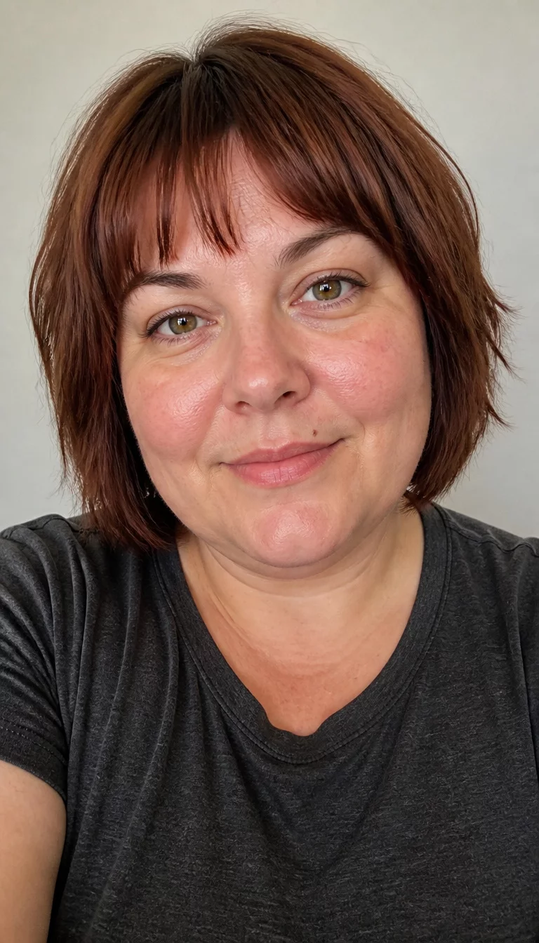 The Textured Mahogany Crop selfie of a 36-year-old plus size fair complexion woman with a chubby face and a slightly upturned nose. The skin is heavily textured with a complex pattern of faint redness on the cheeks and a tiny mole above the lip. The eyes are hazel. She is wearing a dark gray t-shirt with a short, reddish-brown choppy bob with bangs hairstyle, front view, neutral background.