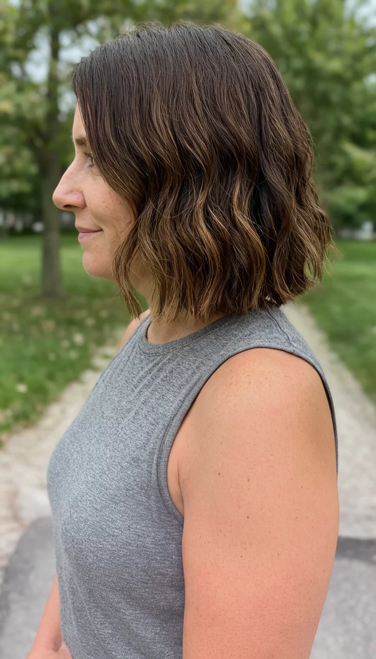The Shoulder Grazing Wave casual photo of a 38-year-old woman wearing a grey sleeveless top with a wavy shoulder-length brown bob hairstyle, side view, shot on iPhone 15