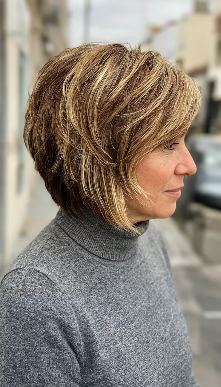 The Textured Ash Mix casual photo of a 38-year-old woman wearing a grey turtleneck with a layered textured bob in shades of brown and blonde hairstyle, side view, shot on iPhone 15
