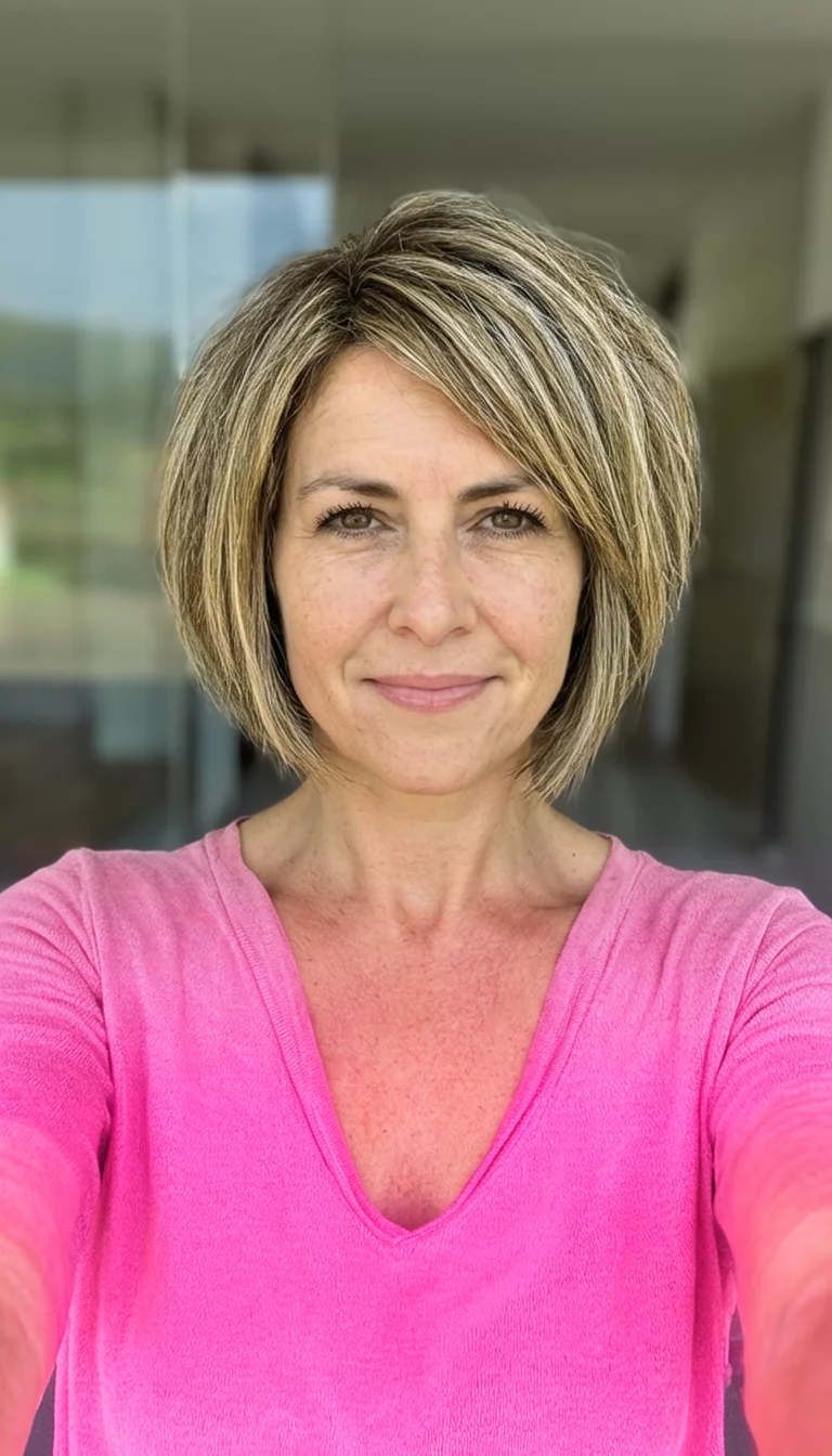 The Golden Textured Crop selfie of a 36-year-old woman wearing a pink v-neck top with a textured short bob with blonde highlights hairstyle, front view, shot on iPhone 15