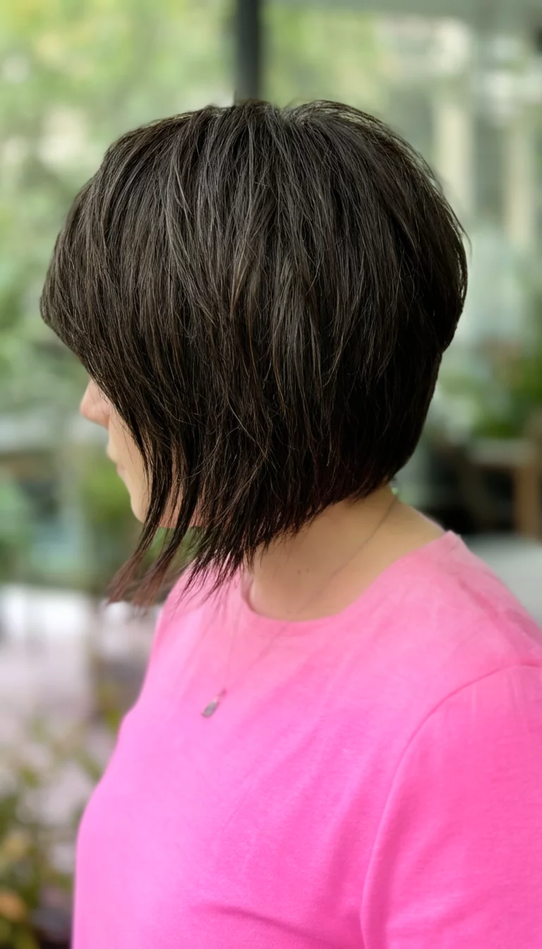 The Feathered Mahogany Bob casual photo of a 33-year-old woman wearing a pink top with a dark brown bob layered and feathered hairstyle, side view, shot on iPhone 15