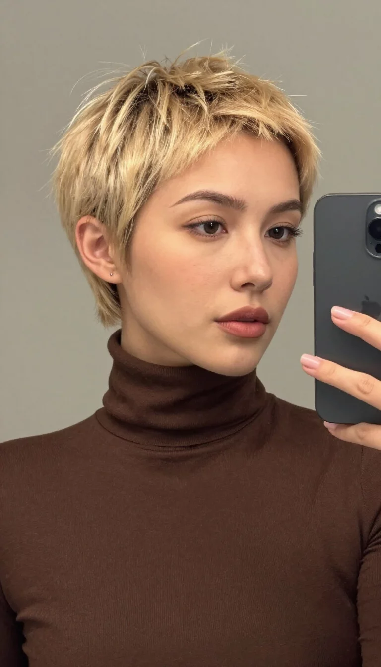 The Choppy Honey Pixie selfie of a 31-year-old woman wearing a brown turtleneck with a short blonde choppy pixie cut hairstyle, front-right view, shot on iPhone 15