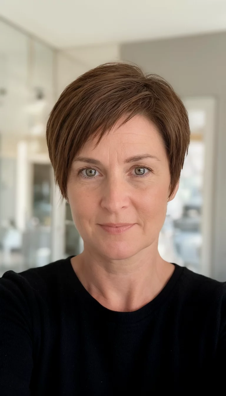 The Iconic Bright Pixie selfie of a 36-year-old woman wearing a black top with a classic short brown pixie cut hairstyle, front view, shot on iPhone 15