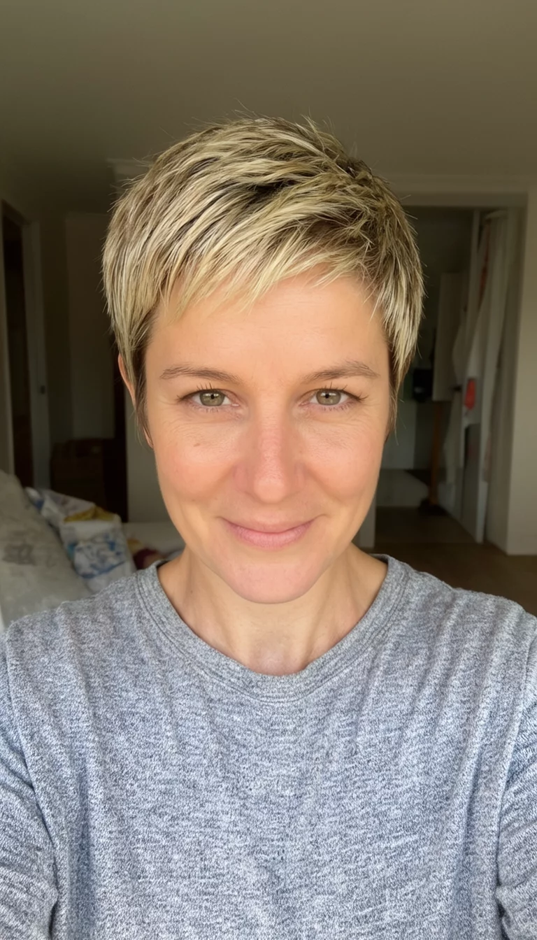The Highlighted Pixie Dream selfie of a 38-year-old woman wearing a casual top with a textured short blonde pixie cut with highlights hairstyle, front view, shot on iPhone 15