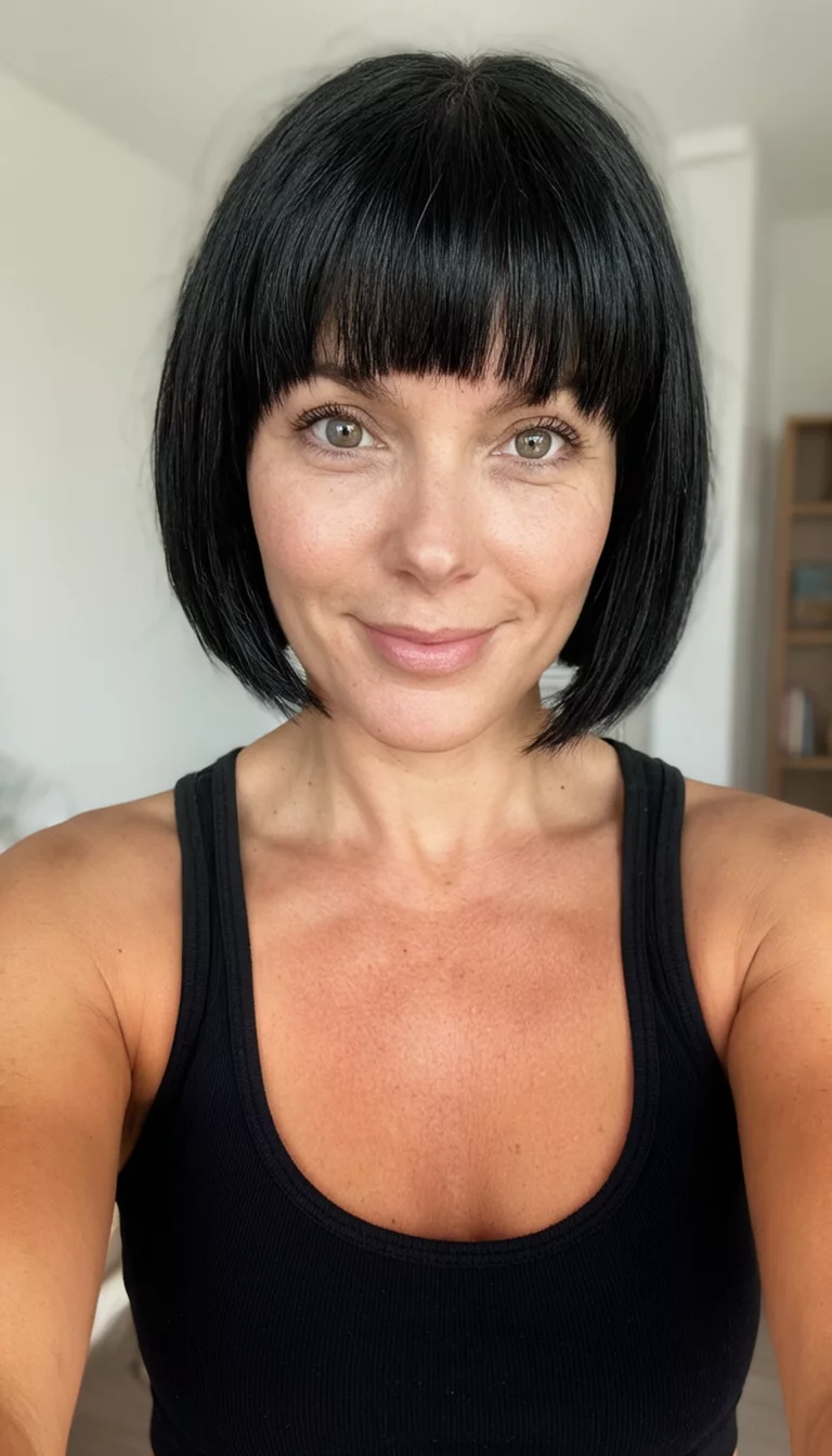 The Timeless Midnight Bob selfie of a 34-year-old woman wearing a black tank top with a black bob hairstyle, front view, shot on iPhone 15
