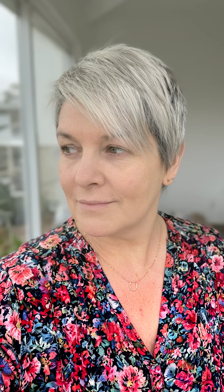 The Asymmetrical Icy Pixie selfie of a 39-year-old woman wearing a floral top with a short asymmetrical pixie cut in blonde with greyish tones hairstyle, front-right view, shot on iPhone 15
