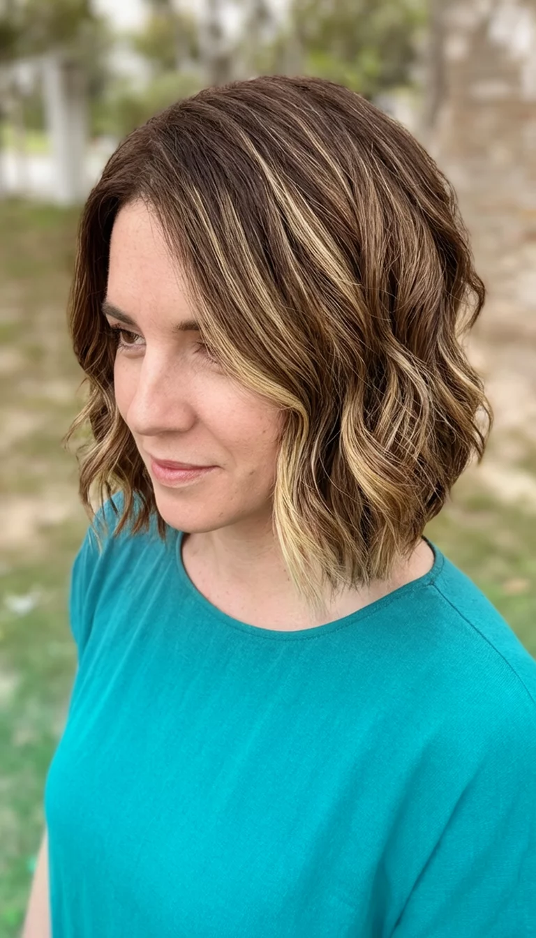 casual photo of a 32-year-old woman wearing a teal top with a layered bob in brown with blonde highlights styled wavy hairstyle, side view, shot on iPhone 15