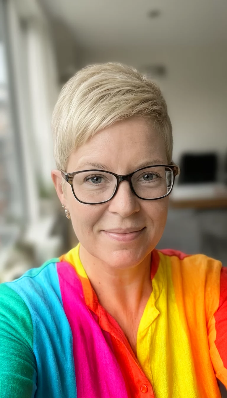 The Fresh Start Face selfie of a 34-year-old woman wearing brighter clothes and glasses with a short blonde pixie cut hairstyle, front view, shot on iPhone 15