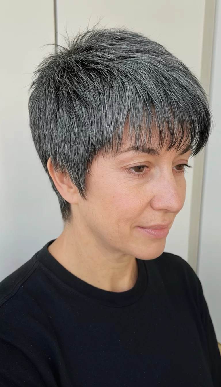 The Textured Slate Pixie casual photo of a 35-year-old woman wearing a black top with a short dark grey pixie cut with textured bangs hairstyle, side view, shot on iPhone 15