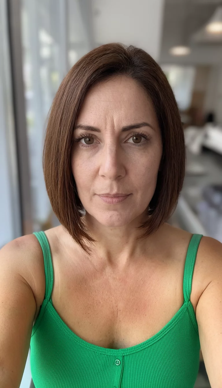 The Dimensional Brunette Selfie selfie of a 33-year-old woman wearing a green-strapped top with a brown bob hairstyle, front view, shot on iPhone 15