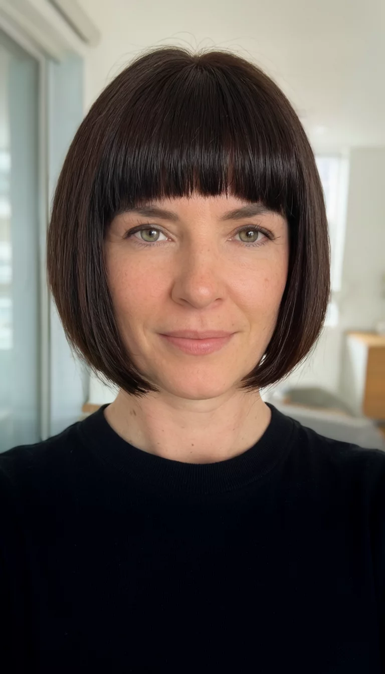 The Sleek Executive Cut selfie of a 31-year-old woman wearing a black top with a sleek dark brown bob hairstyle, front view, shot on iPhone 15