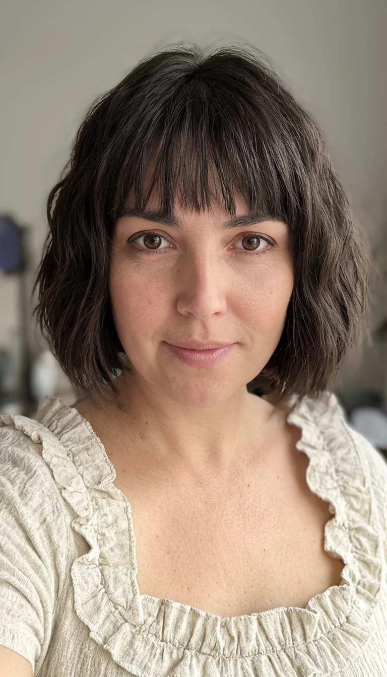 The Ruffled Star Style selfie of a 30-year-old woman wearing a light-colored ruffled top with a textured bob hairstyle, front view, shot on iPhone 15
