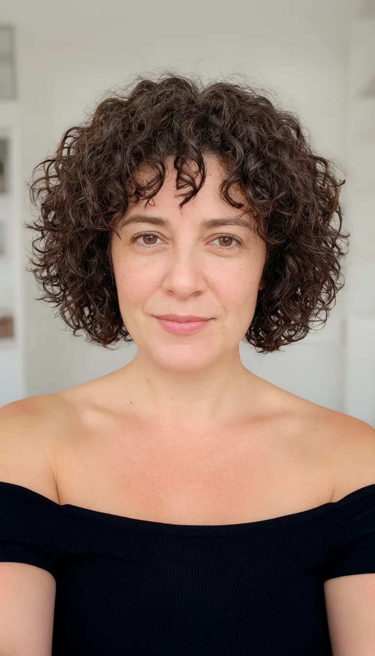The Naturally Curly Crop selfie of a 32-year-old woman wearing a black off-the-shoulder top with a naturally curly dark brown short bob hairstyle, front view, shot on iPhone 15