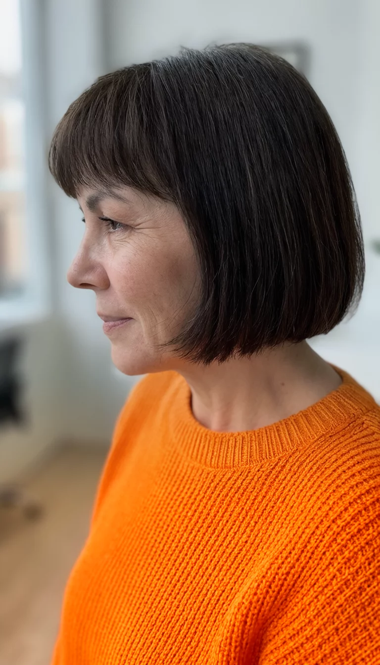 The Polished Minimalist Bob casual photo of a 35-year-old woman wearing an orange sweater with a short dark brown hair in a bob style hairstyle, side view, shot on iPhone 15