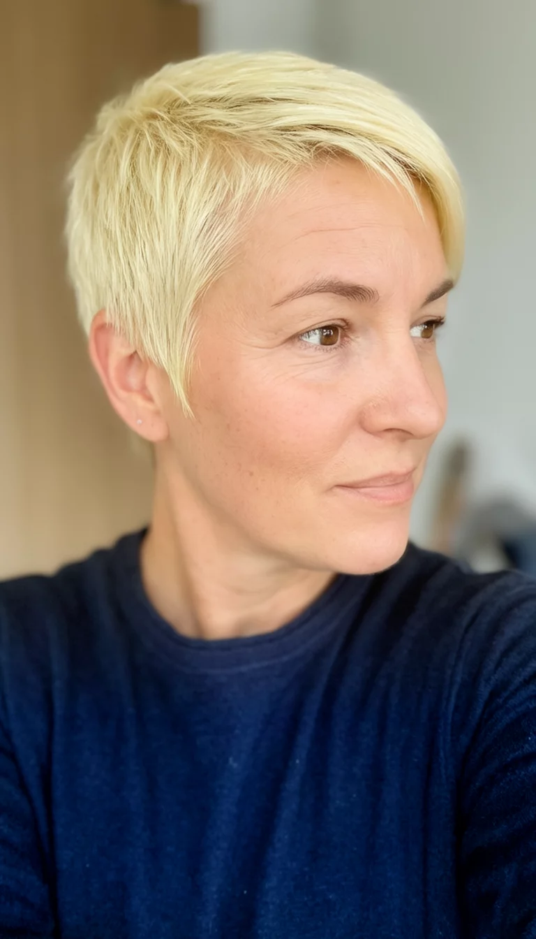 The Bold Platinum Crop selfie of a 30-year-old woman wearing a dark top with a short bright blonde pixie cut hairstyle, front-right view, shot on iPhone 15