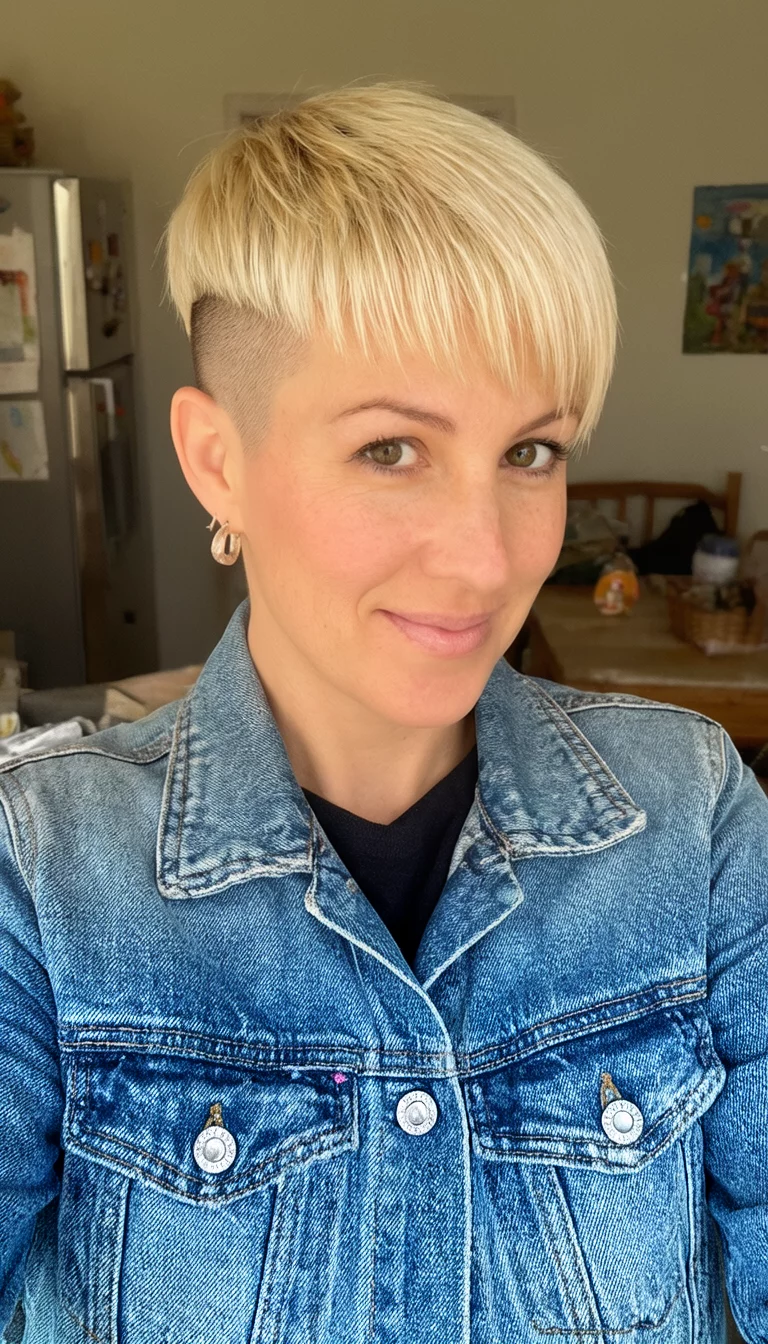 The Edgy Denim Undercut selfie of a 31-year-old woman wearing a denim jacket with a short blonde pixie cut featuring undercut sides and bangs hairstyle, front view, shot on iPhone 15