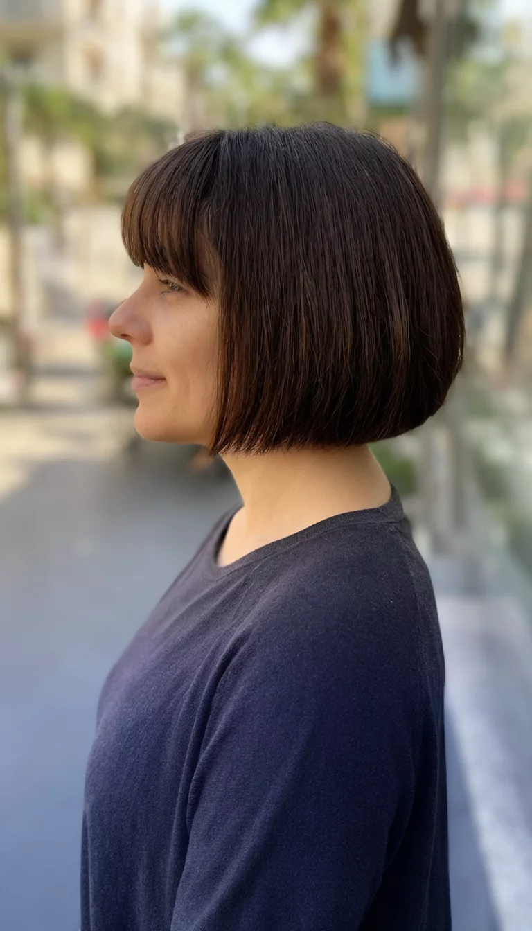The Shadow Bang Bob casual photo of a 34-year-old woman wearing a dark top with a short dark brown bob with long bangs hairstyle, side view, shot on iPhone 15