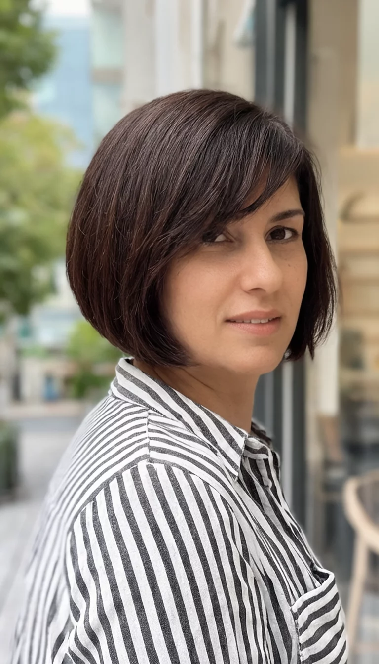 The Angled Espresso Bob casual photo of a 33-year-old woman wearing a striped shirt with a dark brown bob angled and layered at the front hairstyle, side view, shot on iPhone 15