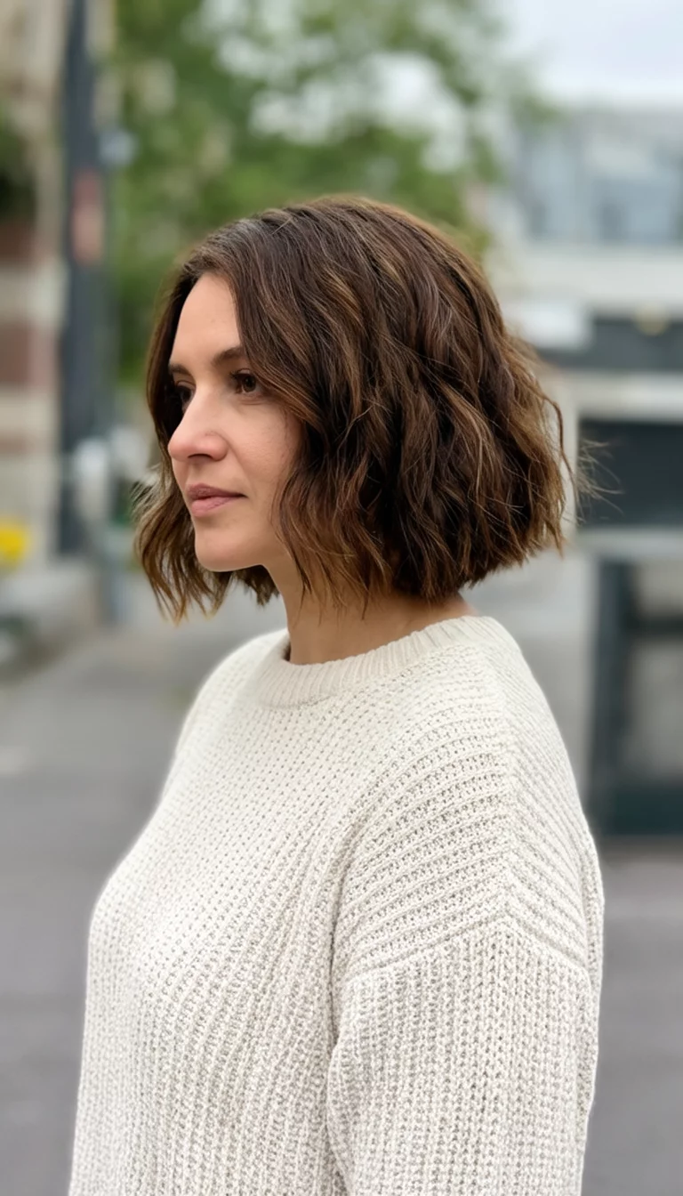 The Triple Threat Wave casual photo of a 37-year-old woman wearing a cream sweater with a medium-length wavy brown bob hairstyle, side view, shot on iPhone 15