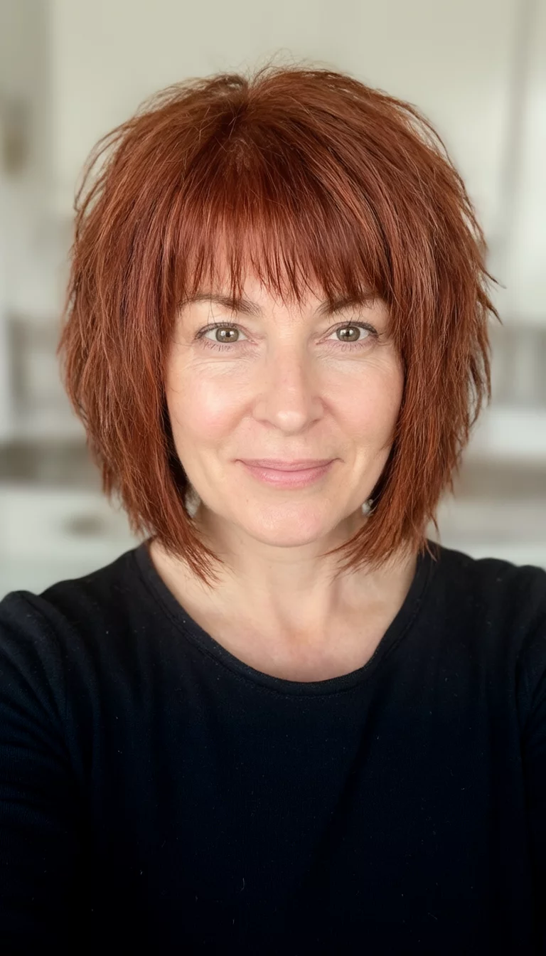 The Choppy Auburn Laugh selfie of a 39-year-old woman wearing a black top with an auburn choppy layered bob hairstyle, front view, shot on iPhone 15