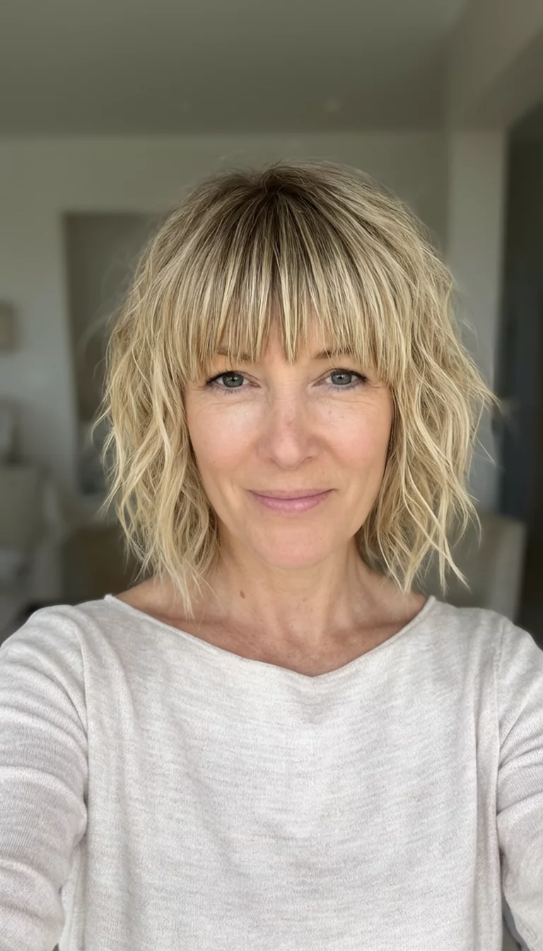 The Shaggy Coastal Bob selfie of a 37-year-old woman wearing a light top with a blonde shaggy layered bob with bangs hairstyle, front view, shot on iPhone 15