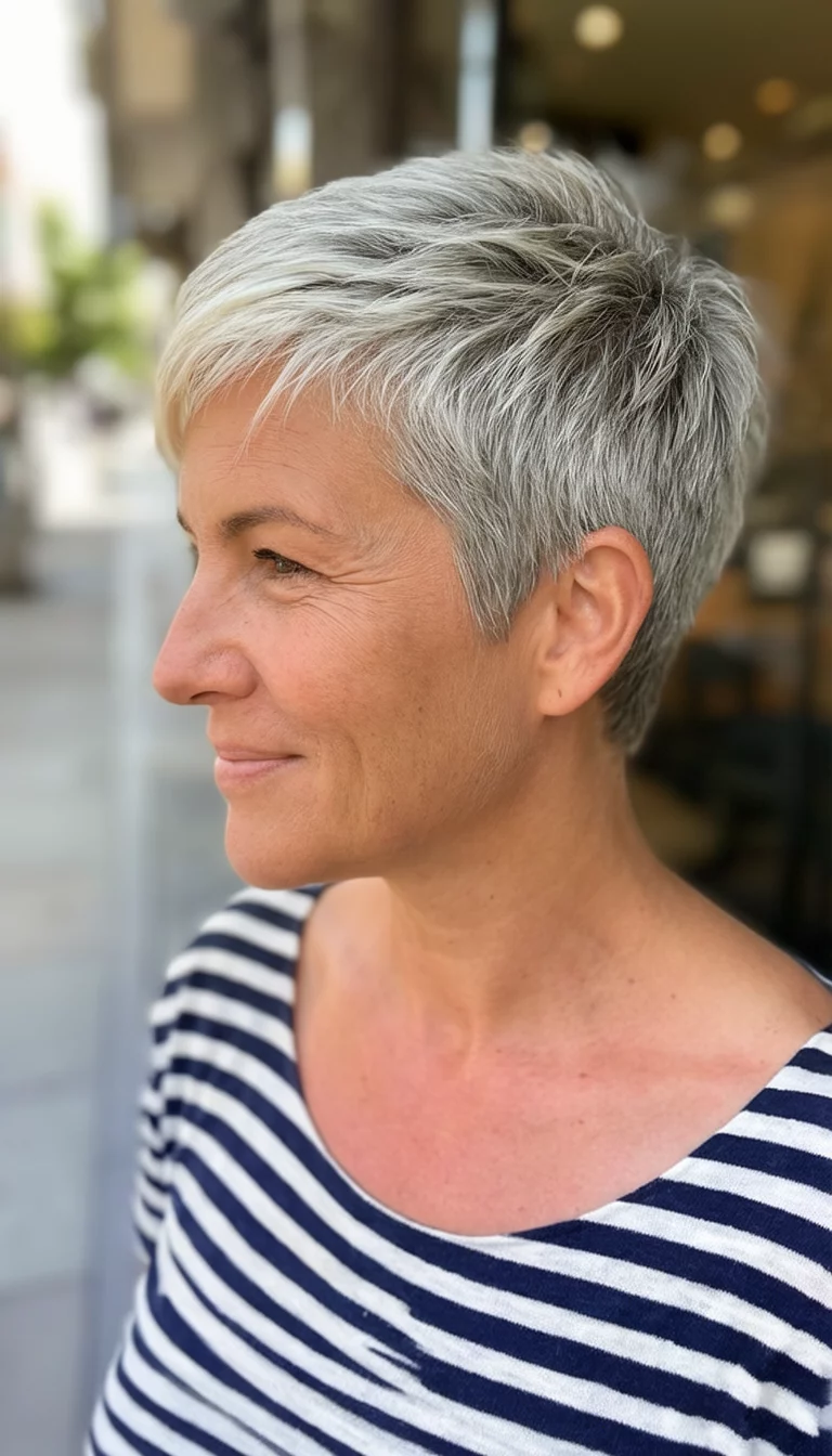 The Silver Cloud Pixie casual photo of a 35-year-old woman wearing a striped top with a stylish grey and blonde layered pixie cut hairstyle, side view, shot on iPhone 15