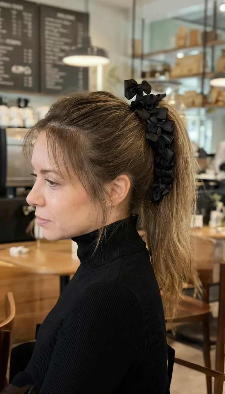 Black Ribbon High Pony casual photo of a 35-year-old woman wearing a black turtleneck with a high ponytail accented with multiple small black ribbon bows hairstyle, side view, chic cafe background