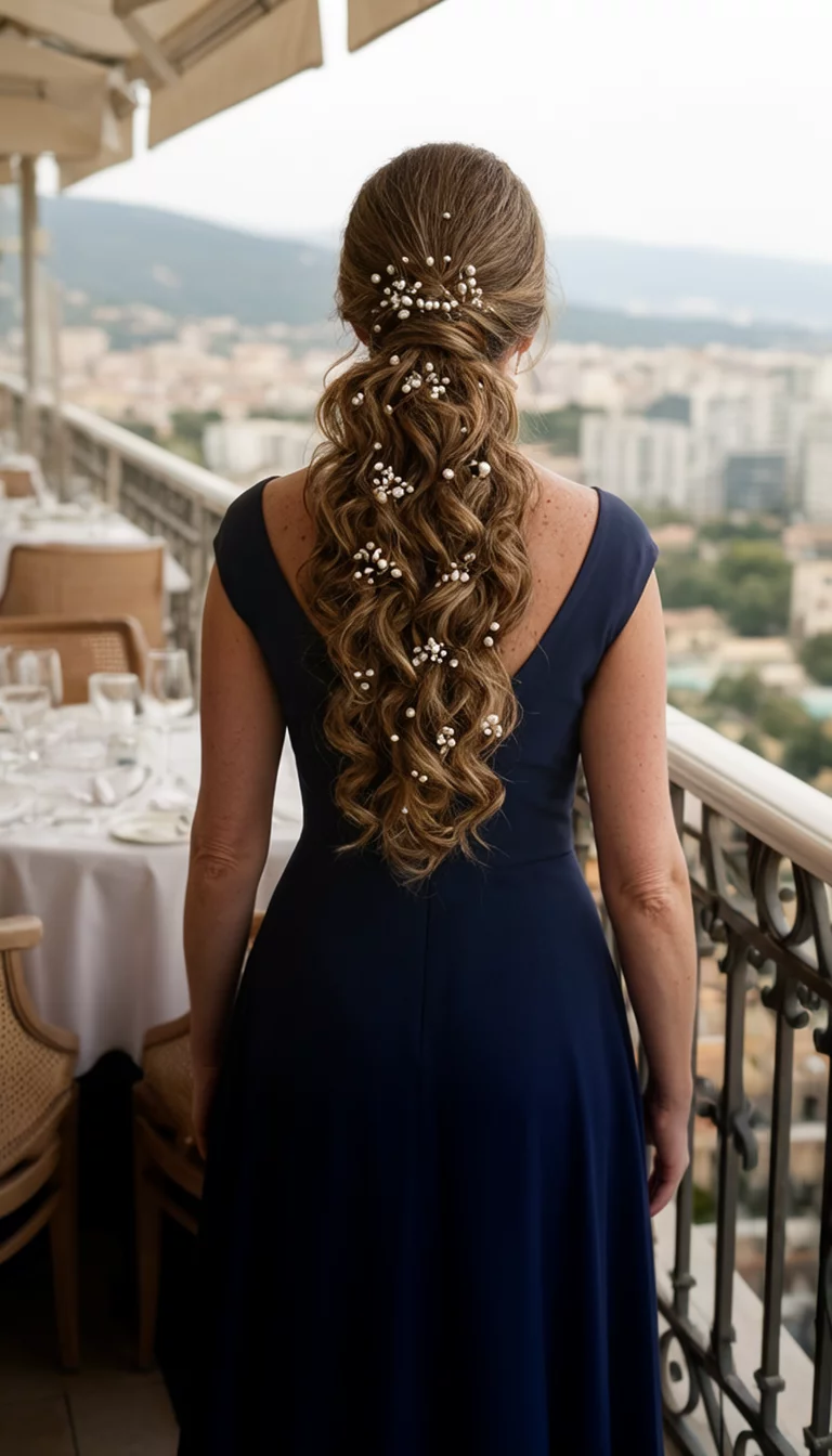 Pearled Volume Low Tail casual photo of a 45-year-old woman wearing a navy evening gown with a voluminous curled low ponytail accented with scattered pearl hairpins hairstyle, back view, upscale restaurant balcony
