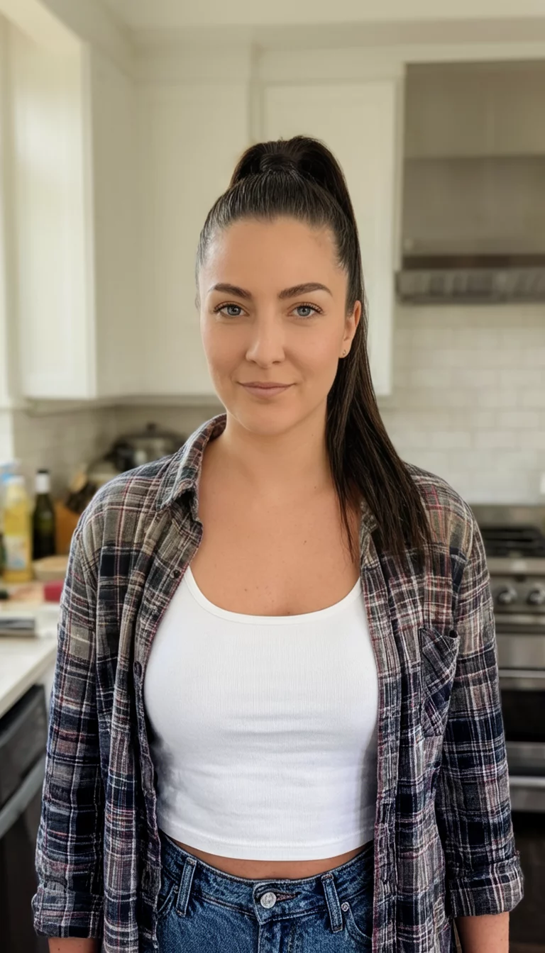 Sleek Plaid Casual casual photo of a 32-year-old woman wearing a white tank top and plaid shirt with a sleek high ponytail hairstyle, front view, casual kitchen setting