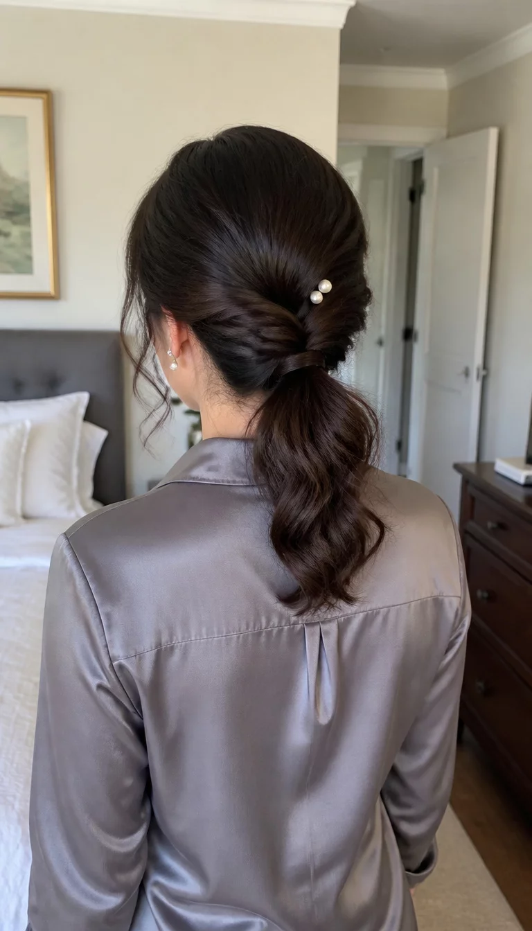 Scattered Pearl Twist casual photo of a 42-year-old woman wearing a grey silk blouse with a dark brown twisted low ponytail adorned with pearl pins hairstyle, back view, soft morning light in a bedroom