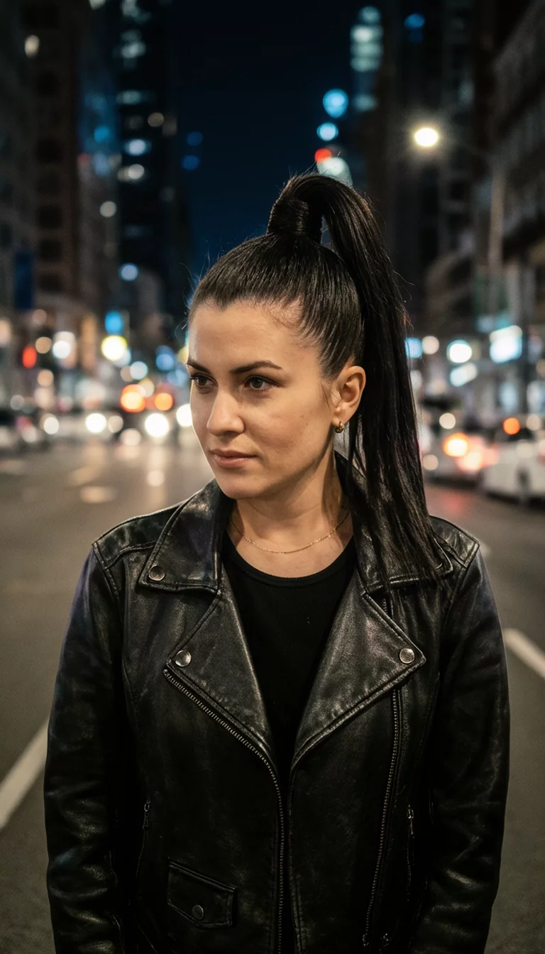 Sharp Sleek High Polish casual photo of a 36-year-old woman wearing a black leather jacket with a sharp, sleek high ponytail and a side part hairstyle, front view, city street at night