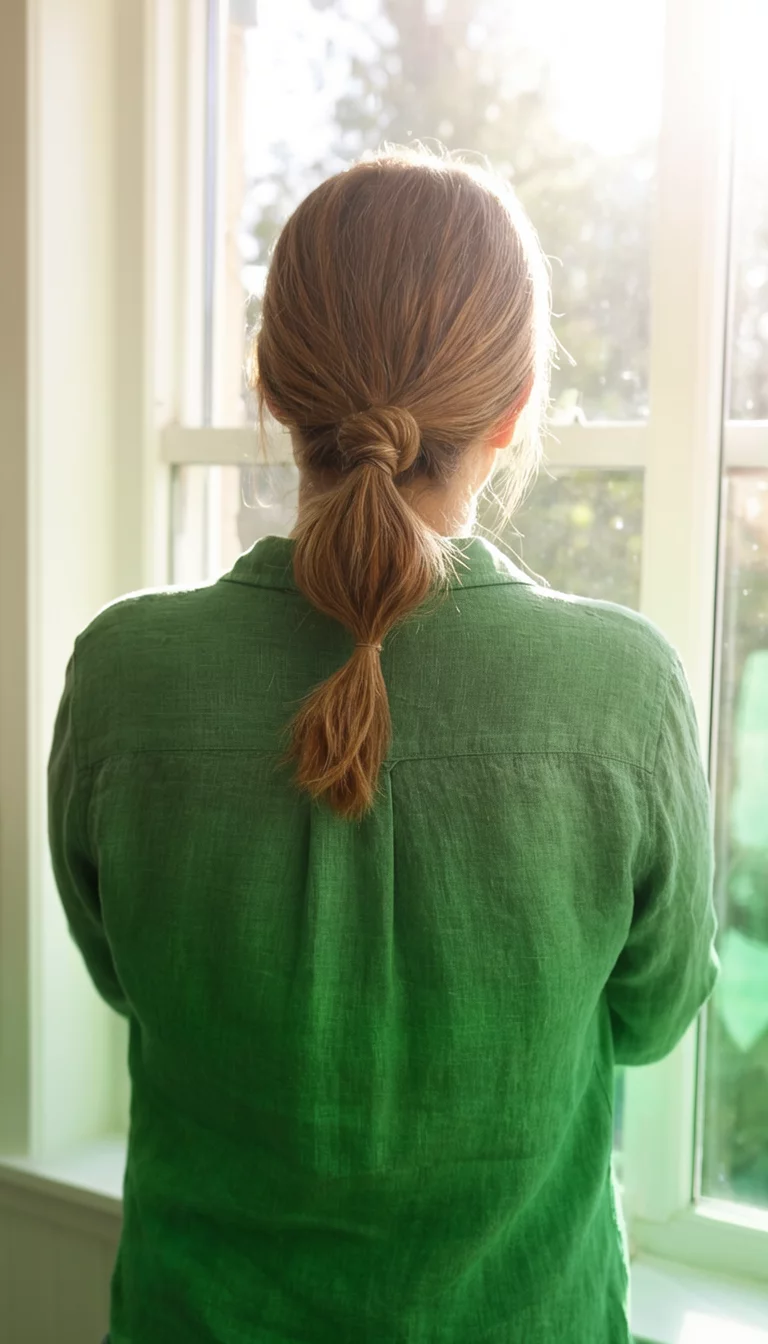 Double Knot Half Pony casual photo of a 28-year-old woman wearing a green linen shirt with a double knot half-up ponytail hairstyle, back view, bright sunlit window