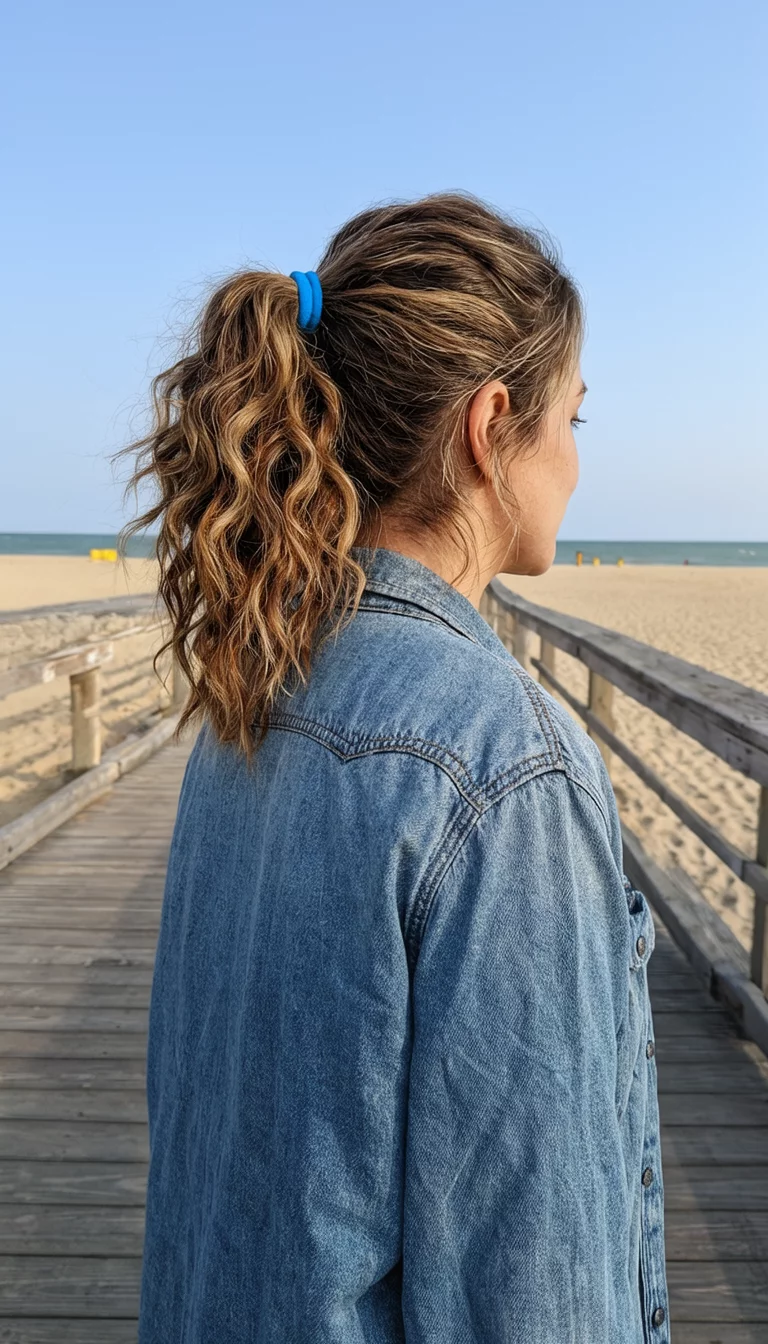 Wave Half Up Blue Note casual photo of a 27-year-old woman wearing a casual denim shirt with a wavy half-up ponytail secured by a blue elastic hairstyle, side view, beach boardwalk