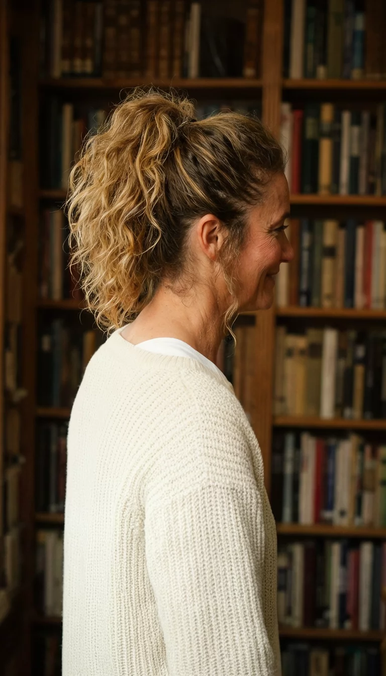 Voluminous Wavy High Tail casual photo of a 44-year-old woman wearing a cream sweater with a voluminous, wavy high ponytail hairstyle, side view, cozy library background
