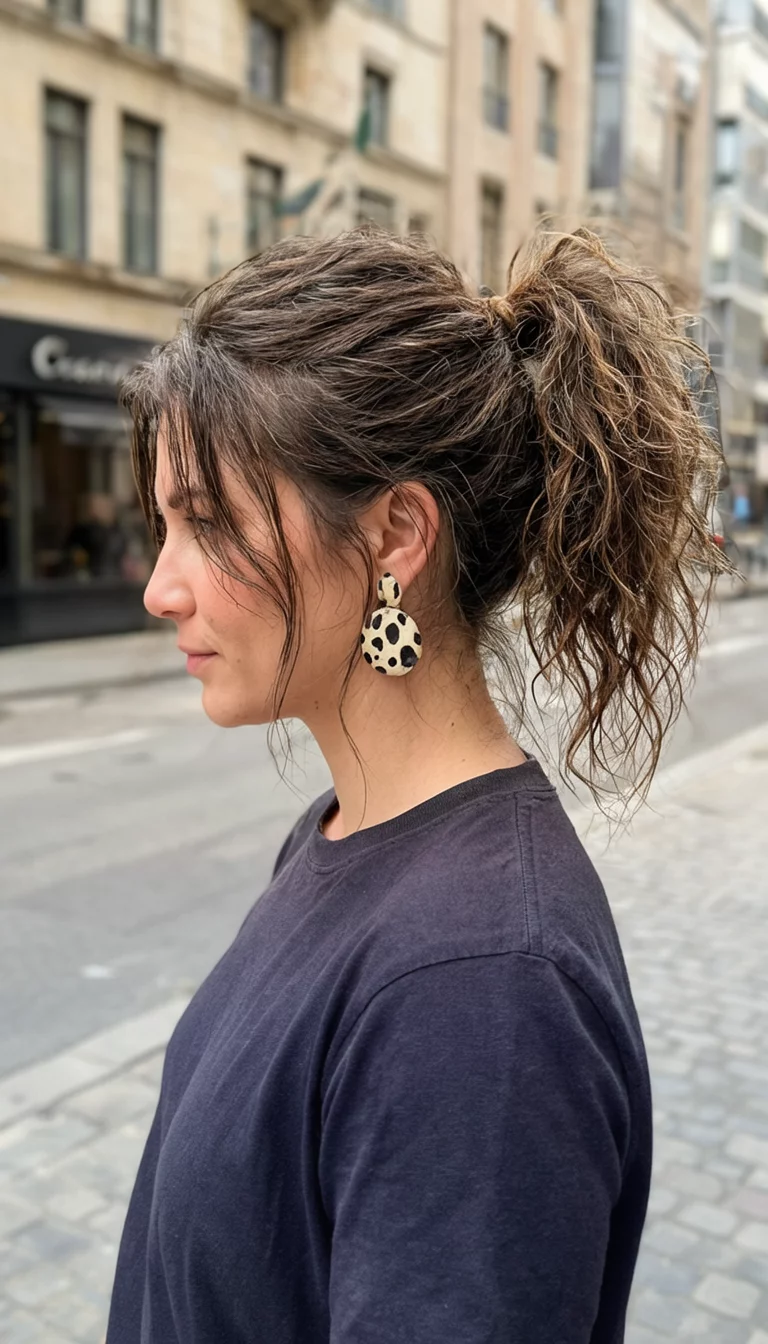 Messy Chic With Statement Earrings casual photo of a 29-year-old woman wearing a simple dark shirt with a messy, textured mid-height ponytail with loose strands and large spotted earrings hairstyle, side view, urban outdoor background