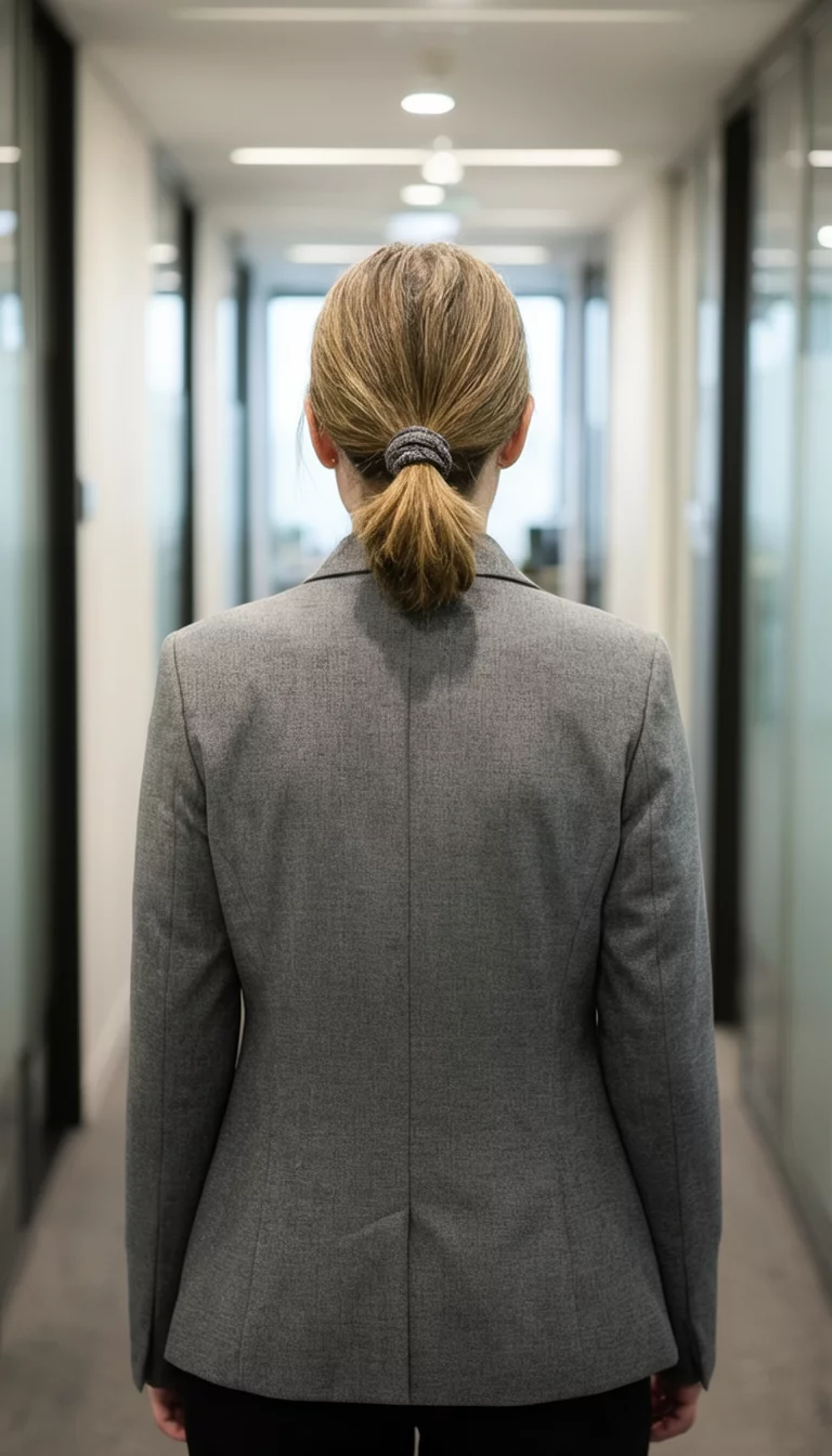 Short And Chic Knotted Variation casual photo of a 48-year-old woman wearing a grey blazer with a short, knotted low ponytail hairstyle, back view, modern office hallway