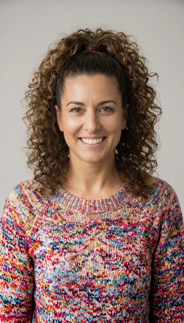 High Contrast Texture Duo casual photo of a 36-year-old woman wearing a colorful sweater with a high ponytail featuring slicked sides and curly voluminous texture hairstyle, front view, studio background
