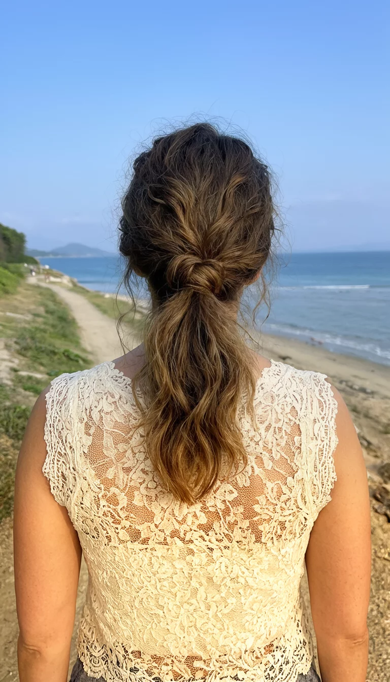 Loose Twisted Low Flow casual photo of a 31-year-old woman wearing a cream lace top with a loose, twisted low wavy ponytail hairstyle, back view, coastal beach path