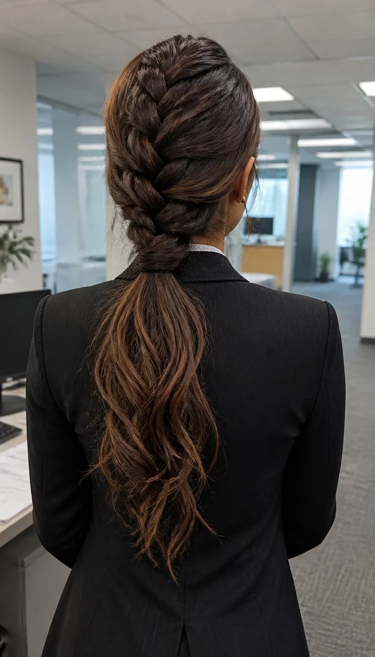 Intricate Braided Masterpiece casual photo of a 34-year-old woman wearing a black blazer with a large, intricate braid cascading down her back and merging into a low ponytail hairstyle, back view, professional office setting