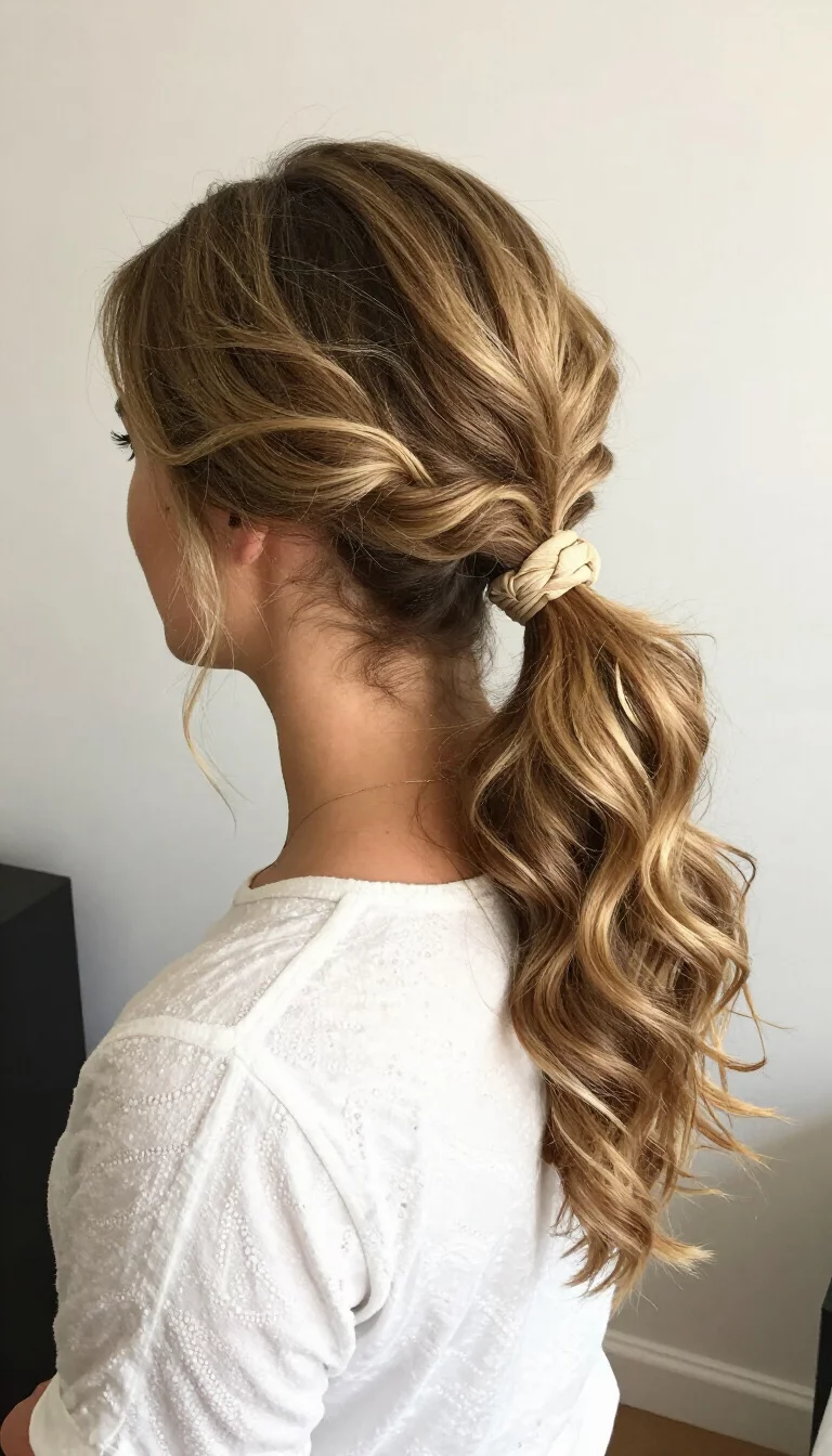 casual photo of a 34-year-old woman wearing a white patterned top with a low ponytail of blonde-brown wavy hair tied with a ribbon, side view, bright room background
